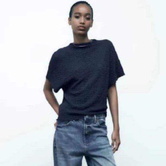 Zara‎ Textured Blue Short Sleeve Top Navy Dolman Size Small - Picture 1 of 8
